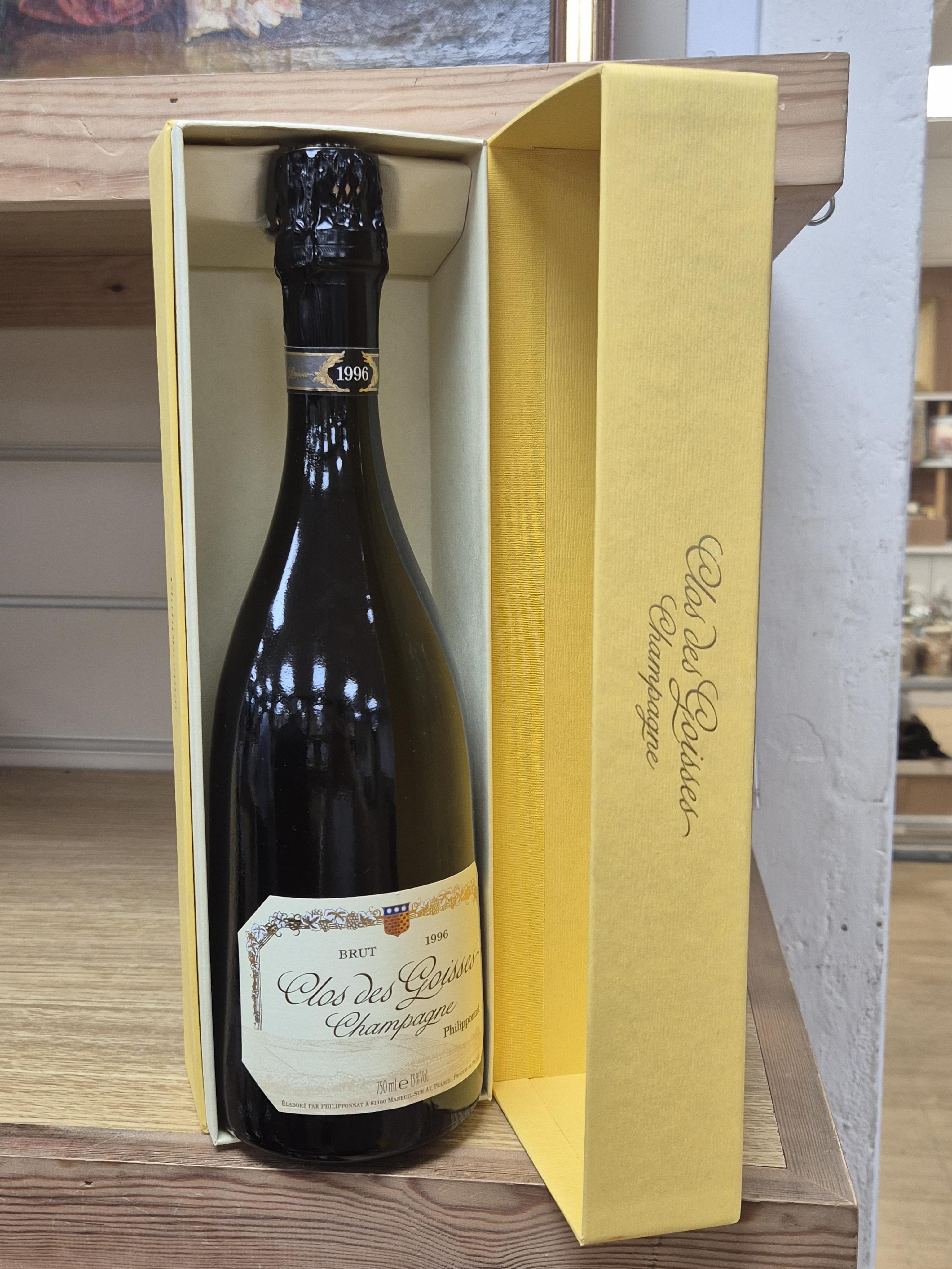 A bottle of Clos des Goisses Champagne, 1996, cased